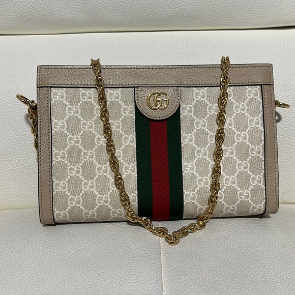 Gucci Accessories - Gucci Beige and Green Shoulder Bag with Gold Chain
